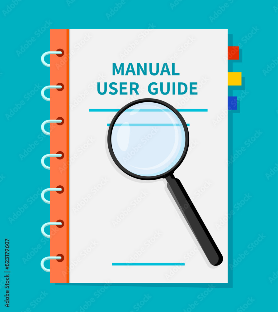 User guide, guidebook manual instruction. Vector ring-bound user service book with a magnifying glass over it, suggesting detailed examination or guidance, help, customer support and information data User guide, guidebook manual instruction. Vector ring-bound user service book with a magnifying glass over it, suggesting detailed examination or guidance, help, customer support and information data