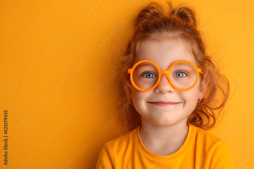 Close-up of a smiling girl with orange glasses and an orange shirt against an orange background Close-up of a smiling girl with orange glasses and an orange shirt against an orange background