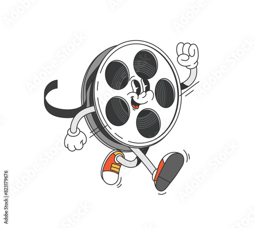 Groovy movie film character. Isolated cartoon vector classic filmstrip reel cinema personage with smiling face and animated limbs, wearing sneakers, carefree walking and striking dynamic, joyful pose