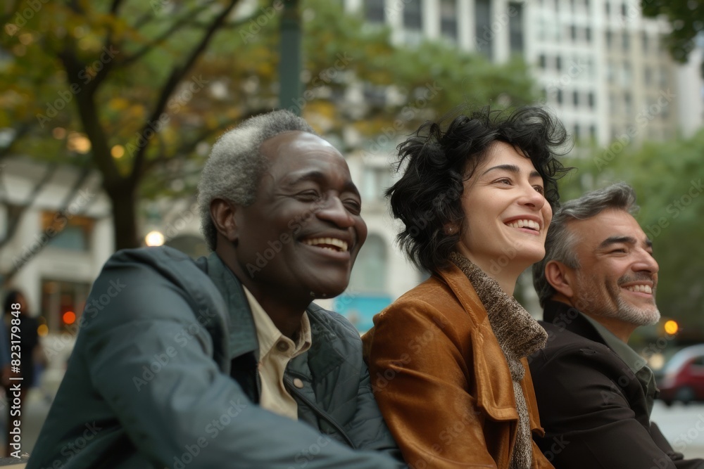 Group of multi-ethnic friends smiling and looking at camera in New York City Group of multi-ethnic friends smiling and looking at camera in New York City