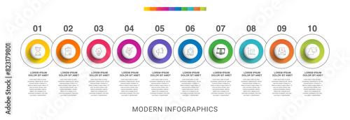 Modern infographics vector template. Cyclic infographic with 10 circles. Timeline design template with ten options  steps  and parts. Flat illustration for business.