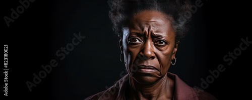 Bronze background sad black american independant powerful Woman realistic person portrait of older mid aged person beautiful bad mood expression  photo
