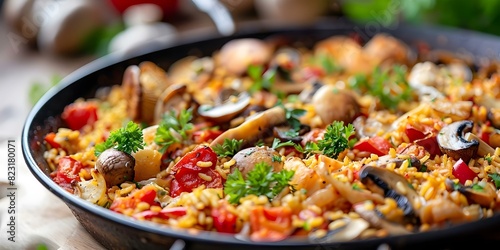 Paella with wild mushrooms like shiitakes oyster and porcinis celebrates earths bounty. Concept Spanish Cuisine, Wild Mushrooms, Earthy Flavors, Savory Dishes, Gastronomic Delight photo