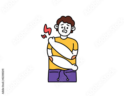 Illustration of a man holding his shoulders because of pain. shoulder pain due to injury. pain in the shoulder joint. stiff or tense muscles. health problems. Outline Style Character Illustration