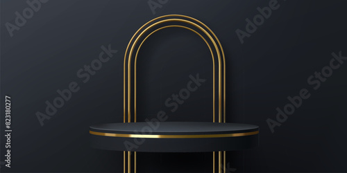 Golden arch with black podium for product stage or display pedestal, vector mockup. Round podium platform with golden arch frame and gold bezel for luxury product showcase or display background