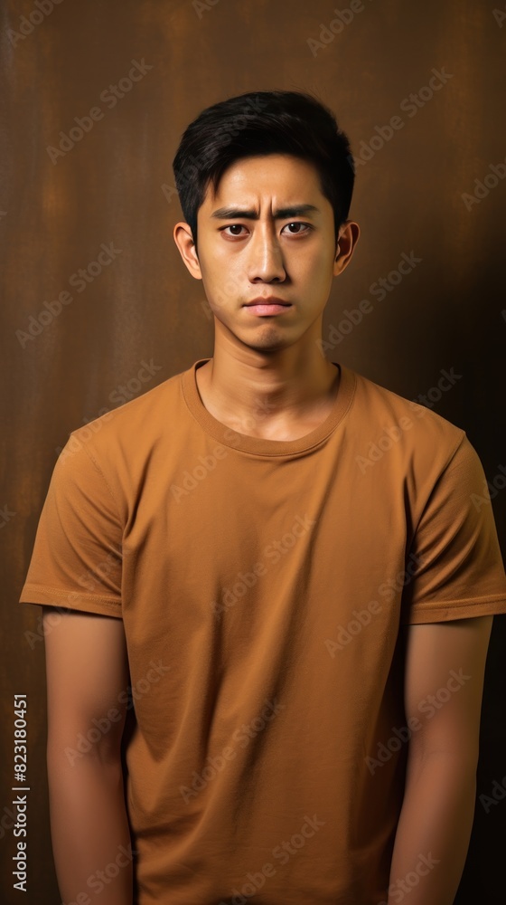 Brown background sad asian man realistic person portrait of young teenage beautiful bad mood expression boy Isolated on Background depression anxiety fear burn out