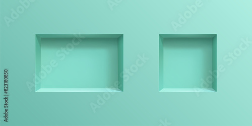 3D wall niches. Realistic vector two empty boxes or shelves on mint colored background. Shop, gallery showcase mockup for product presentation. Blank retail storage, exhibit space, interior bookshelf
