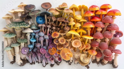 Fungi Mosaic Magic: Vibrant Mushrooms in Stunning Array on White Background