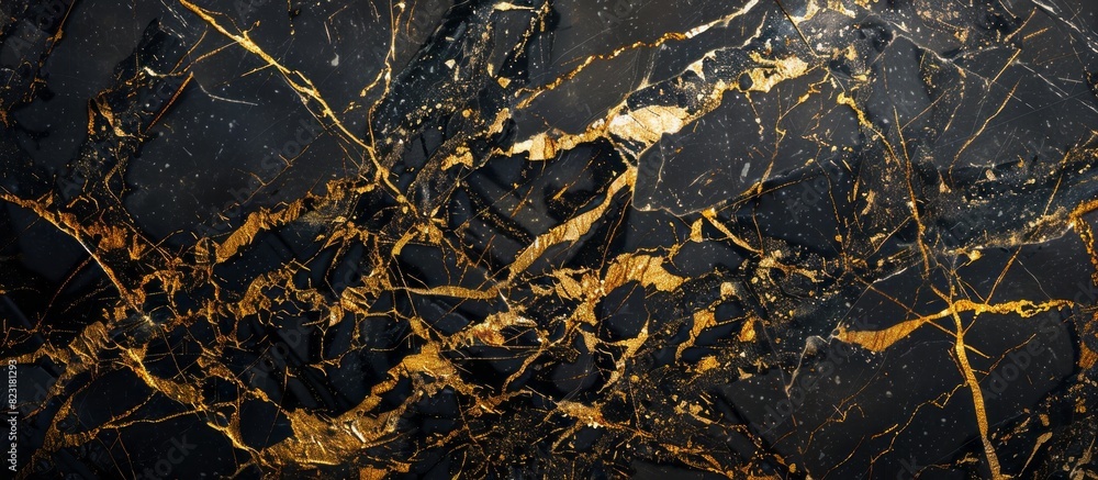 A closeup of the polished surface of black and gold marble, showcasing its intricate patterns and rich color tones A closeup of the polished surface of black and gold marble, showcasing its intricate patterns and rich color tones