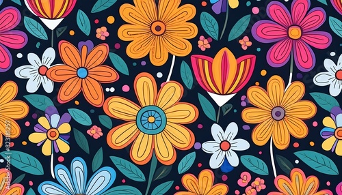 Colorful flower seamless pattern illustration. Children style floral doodle background  funny basic nature shapes wallpaper.