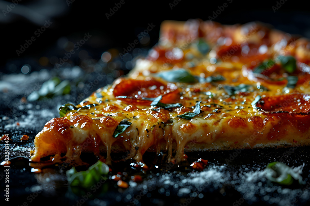 Pizza with mozzarella cheese and tomatoes on a black background Pizza with mozzarella cheese and tomatoes on a black background