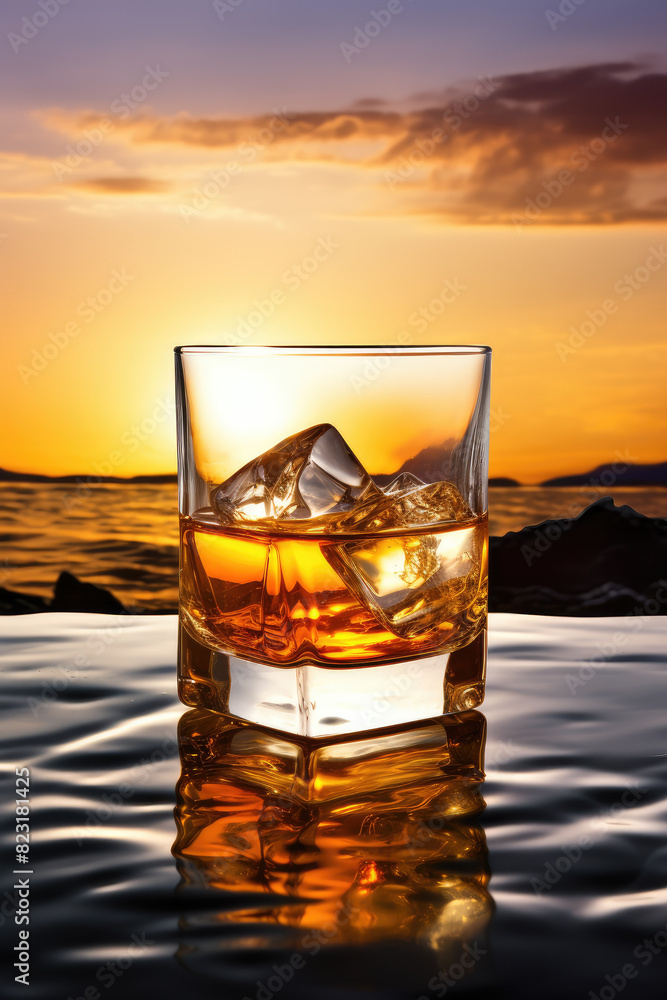 Whiskey Glass with Ice against Sunset Ocean View Whiskey Glass with Ice against Sunset Ocean View