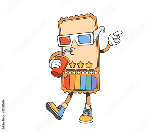 Groovy movie cinema ticket character. Isolated cartoon vector quirky personage styled with 3d glasses and stars, holding a soda, and wearing trendy vintage sneakers, emanating a cool and hippie vibe