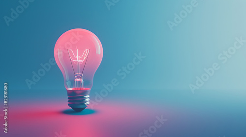 Bulb glows pink against blue backdrop. Picture taken in 3D. Simple still life. Artistic concept.