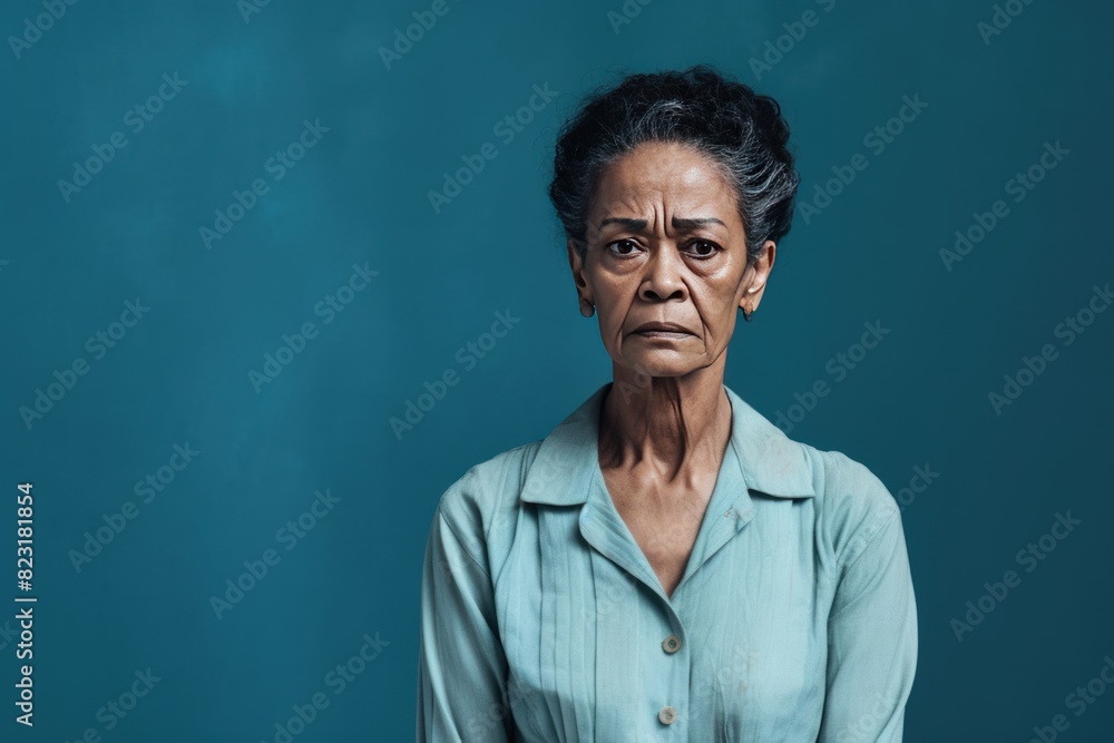 Cyan background sad black american independant powerful Woman realistic person portrait of older mid aged person beautiful bad mood expression Isolated on Background racism