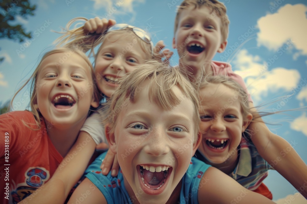 Happy group of children on the background of the sky and clouds.