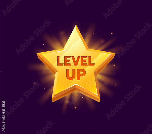 Level up rank star, game reward, rate icon. Isolated cartoon vector golden glowing pop up badge, award ui medal, shiny rank achievement. Rating bonus star, winner or champion tournament appreciation