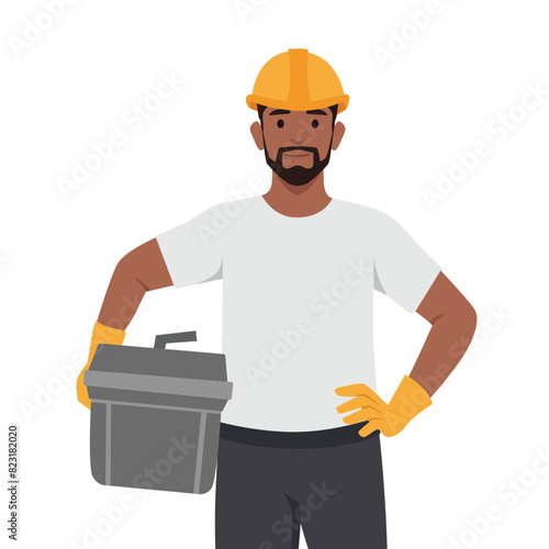 Young man construction worker in helmet and uniform, man with toolkit and diy tools. Flat vector illustration isolated on white background