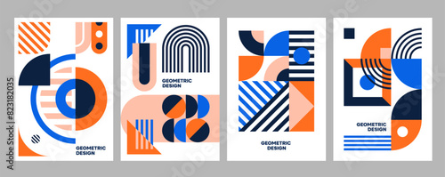Abstract modern geometric business posters with vector pattern of minimal graphic design elements. Square, triangle, circle, line and arch geometric shapes composition, trendy mosaic brochure template