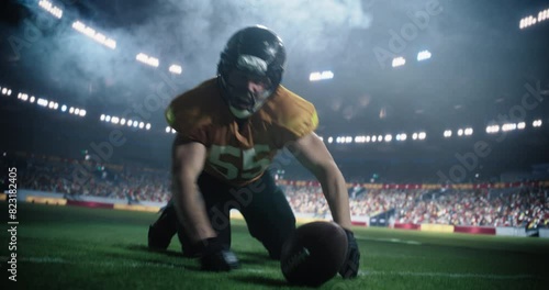 Portrait of a Powerful Footballer Running to Score a Goal, Jumping Over the End Zone to Make a Touchdown. Excited American Football Player Celebrating in Victorious Fashion, Flexing Muscles