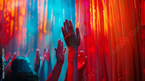 Revealing the Vibrant Concert: Human Hand Sweeping Aside Red-Coral Curtain to Unveil Musical Spectacle #823182409