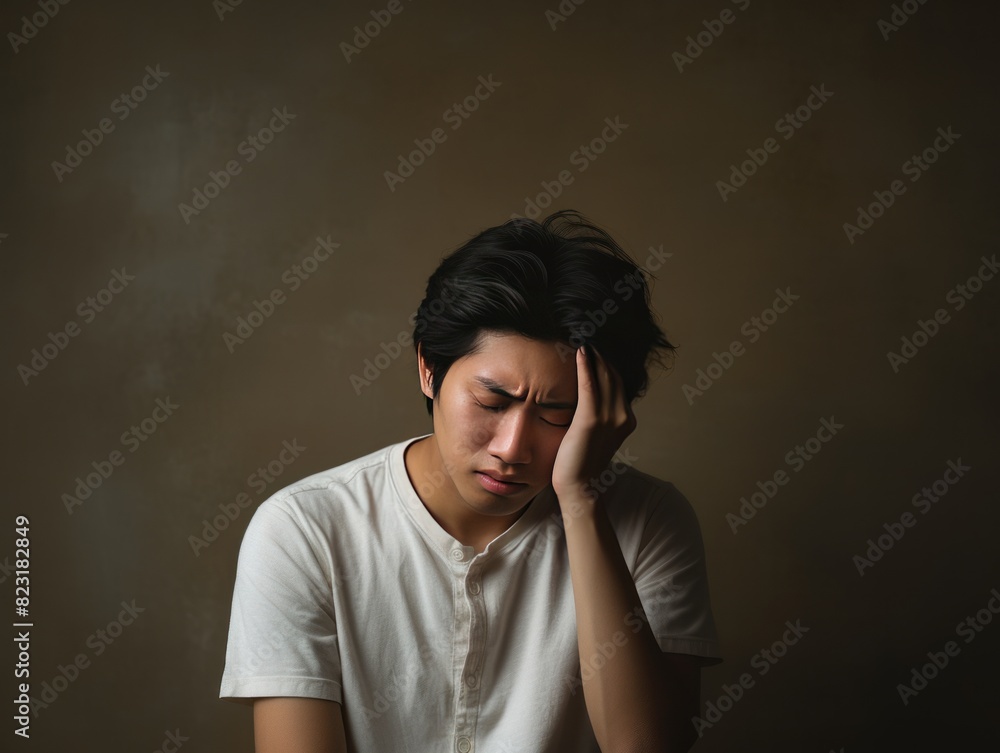 Cream background sad asian man realistic person portrait of young teenage beautiful bad mood expression boy Isolated on Background depression anxiety fear burn out health