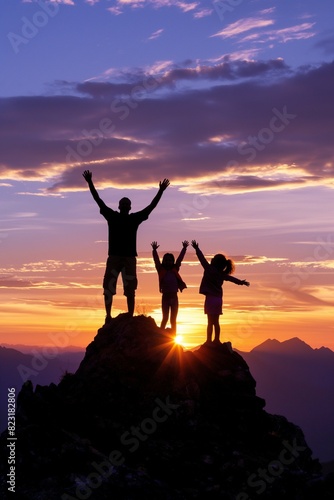 A father and children shouting hurray while watching the sunrise