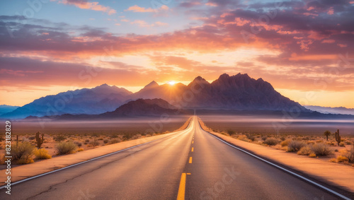 straight road with mountains in the distance with sunset