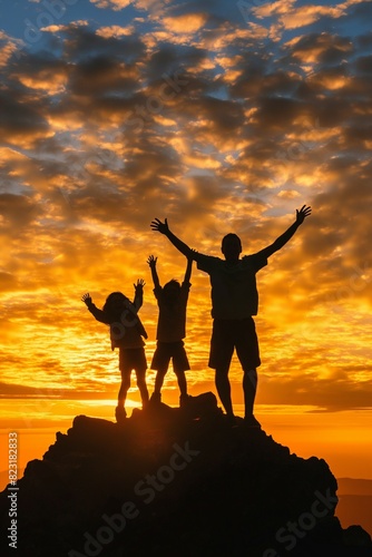 A father and children shouting hurray while watching the sunrise