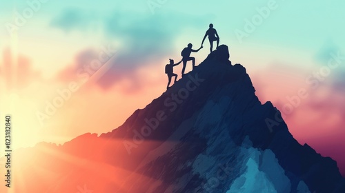 Three people holding hands and working together to climb a mountain