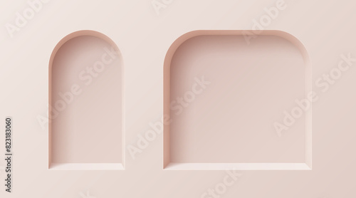 3D wall arch niches or gallery display frames and showcase boxes, vector empty shelf. Arc niche shelves inside of pink wall, exhibition show racks and boutique shop display of arch niches
