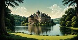 palace mansion by river lake pond in green forest woods under blue sky and clouds in summer. open field meadow secluded castle.