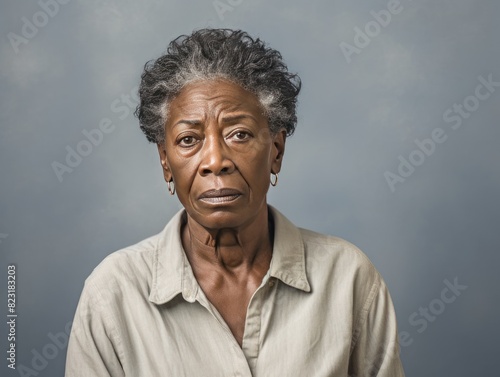 Cream background sad black american independant powerful Woman realistic person portrait of older mid aged person beautiful bad mood expression 