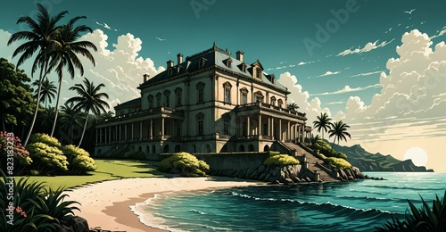 palace mansion by blue ocean beach in green tropical forest woods under blue sky and clouds in summer. open field meadow secluded castle.