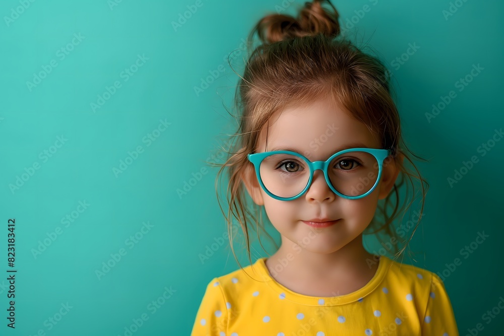 Close-up of a girl with teal glasses and a yellow polka dot shirt against a teal background Close-up of a girl with teal glasses and a yellow polka dot shirt against a teal background