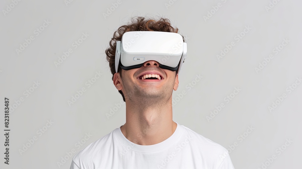 A man joyfully explores virtual reality while wearing white VR glasses on a white background. Generative AI A man joyfully explores virtual reality while wearing white VR glasses on a white background. Generative AI