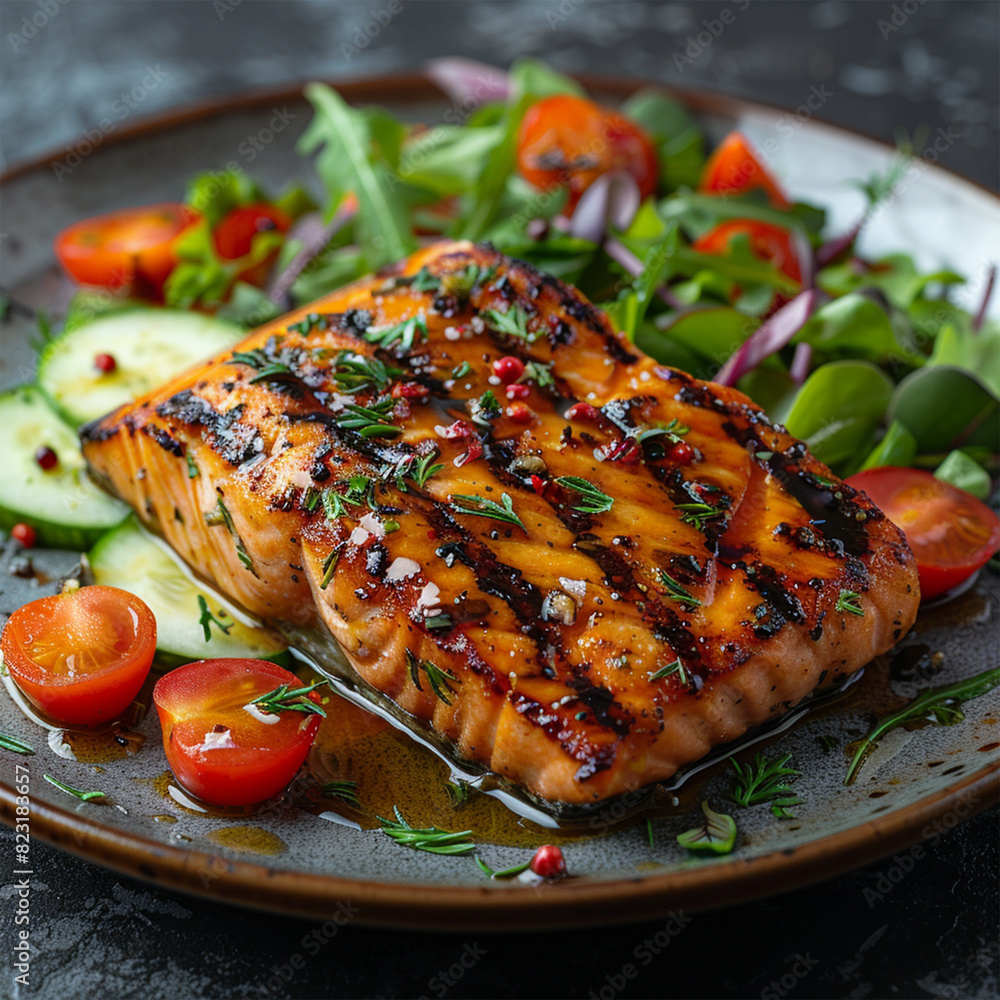 Grilled salmon steak and vegetable salad on plate. Made with generative ai.