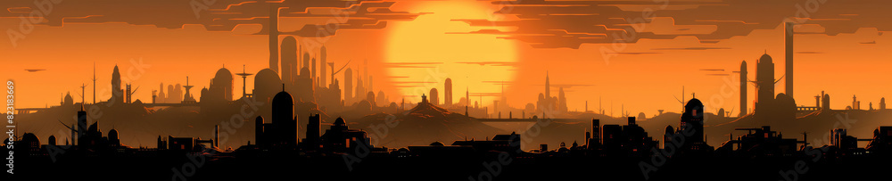 Futuristic Cityscape Silhouette at Sunset