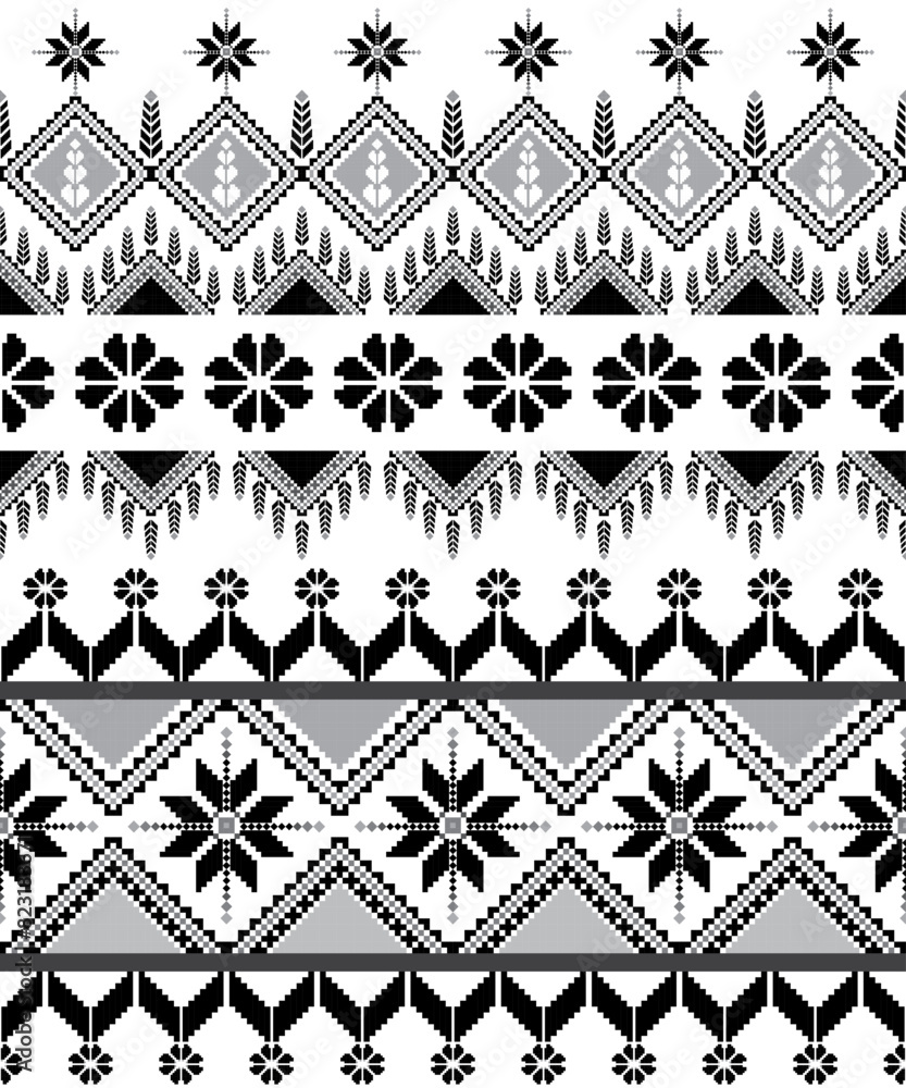 Pixel fabric pattern geometric style. Ethnic oriental seamless pattern in black and white Pixel fabric pattern geometric style. Ethnic oriental seamless pattern in black and white