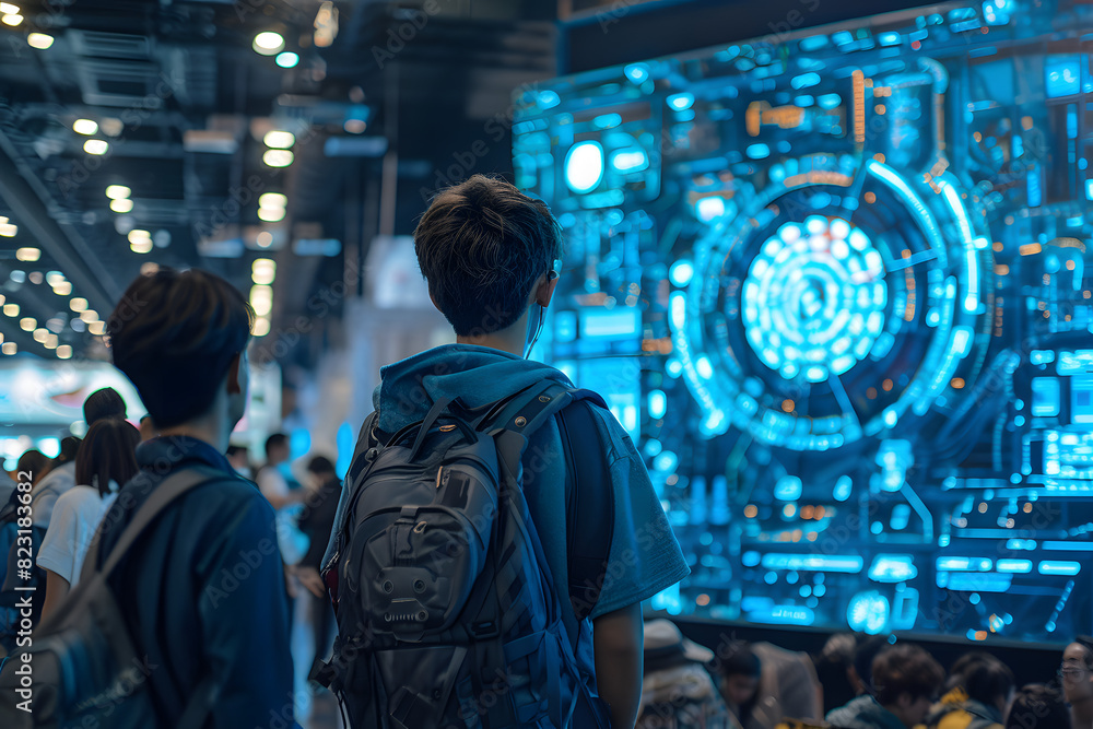 A young person with a backpack observes a high-tech display at a crowded technology conference, highlighting innovation and education A young person with a backpack observes a high-tech display at a crowded technology conference, highlighting innovation and education