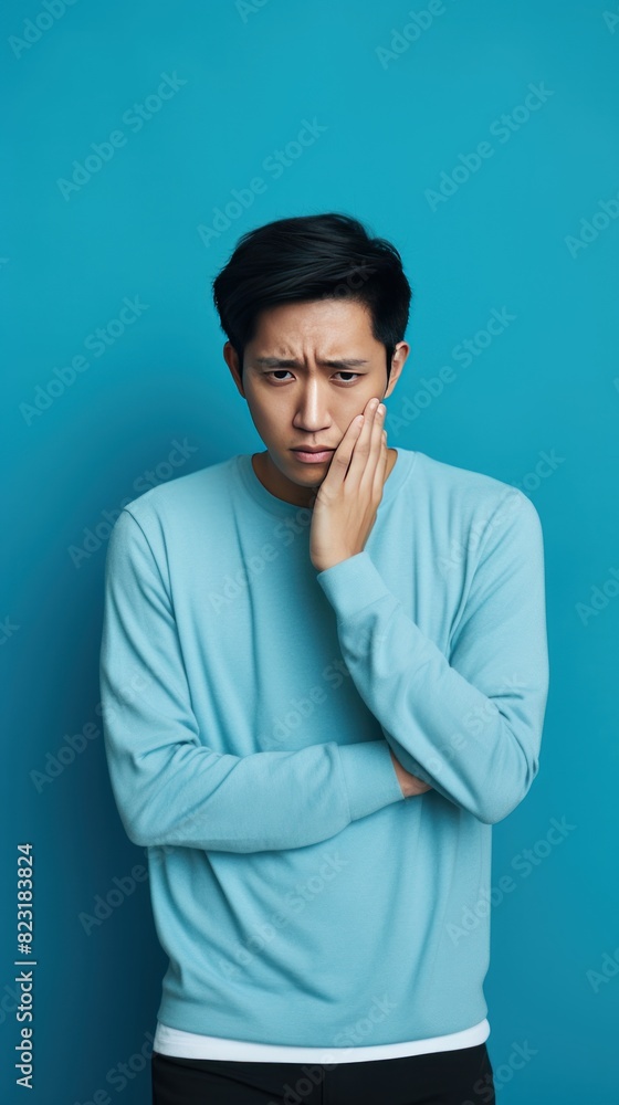 Cyan background sad asian man realistic person portrait of young teenage beautiful bad mood expression boy Isolated on Background depression anxiety fear burn out health