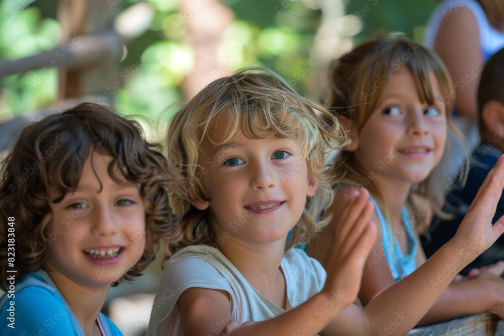 Portrait of a group of children in a park. Selective focus. Portrait of a group of children in a park. Selective focus.