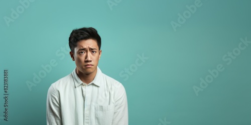 Cyan background sad asian man realistic person portrait of young teenage beautiful bad mood expression boy Isolated on Background depression anxiety fear burn out health