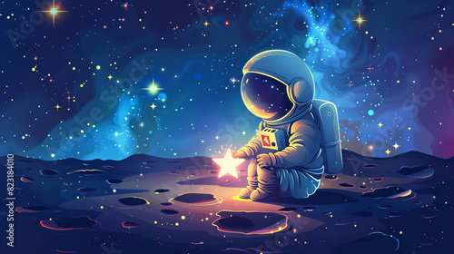 Cute drawing of an astronaut child exploring the galaxy with a satellite nearby