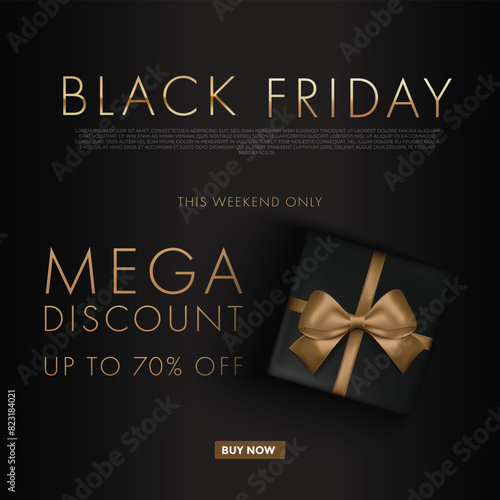 black friday banner sale with golden text in black background with gold bow ribbon
