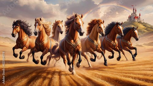 High resolution seven horses wall art poster for wall decoration, seven horses images illustration.