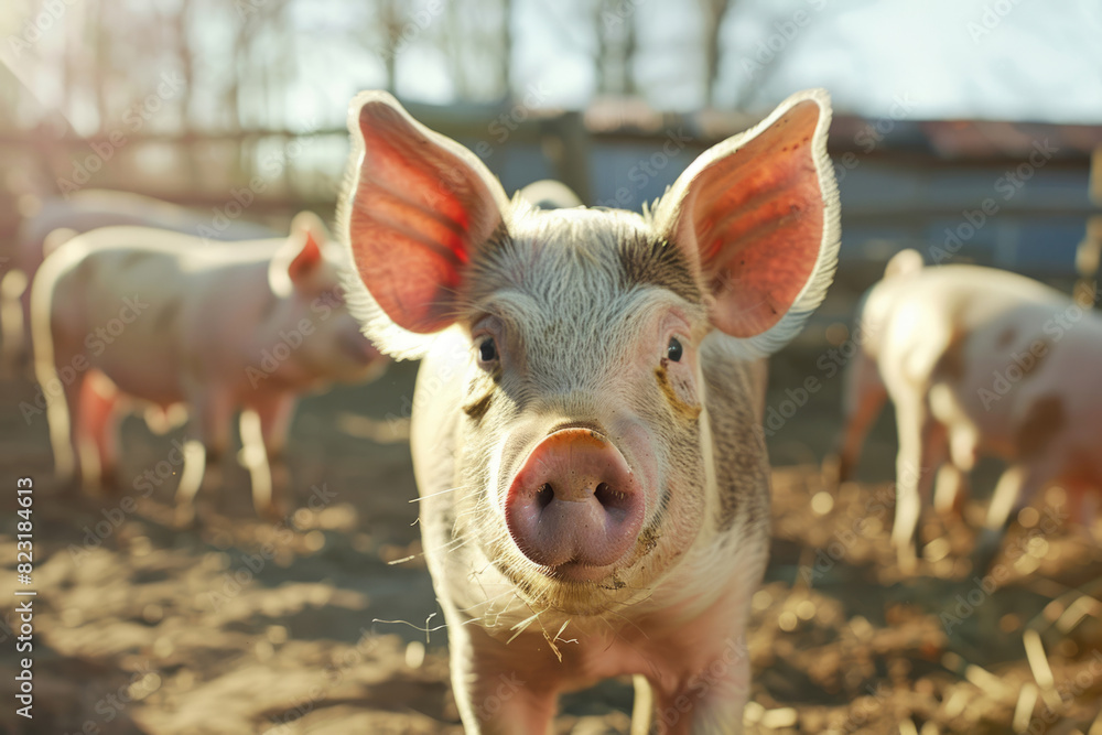 Funny pig on a farm. Farm animals are free on the farm Funny pig on a farm. Farm animals are free on the farm