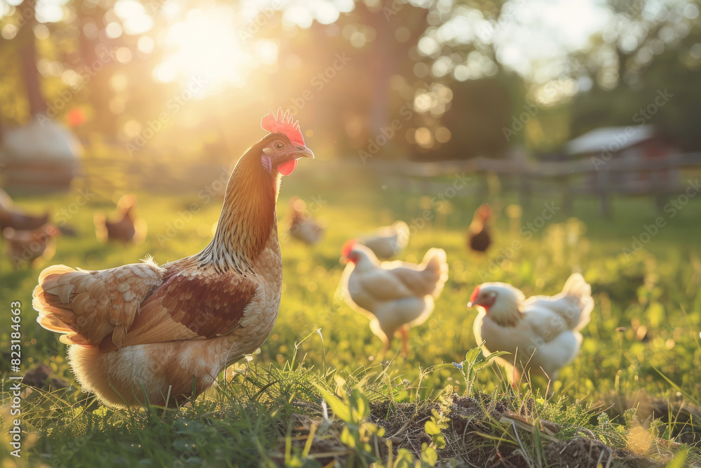 Fototapeta premium Chicken on a sunny farm. Farm animals are free on the farm