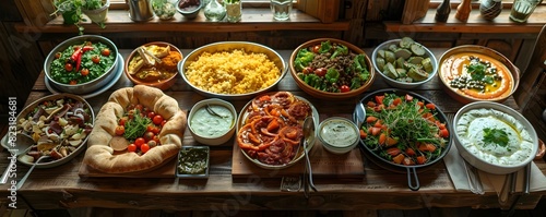 Delectable HomeCooked Meal A Spread of Diverse Cuisine on a Family Table photo