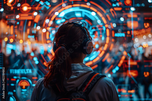 A young person with a backpack observes a high-tech display at a crowded technology conference, highlighting innovation and education